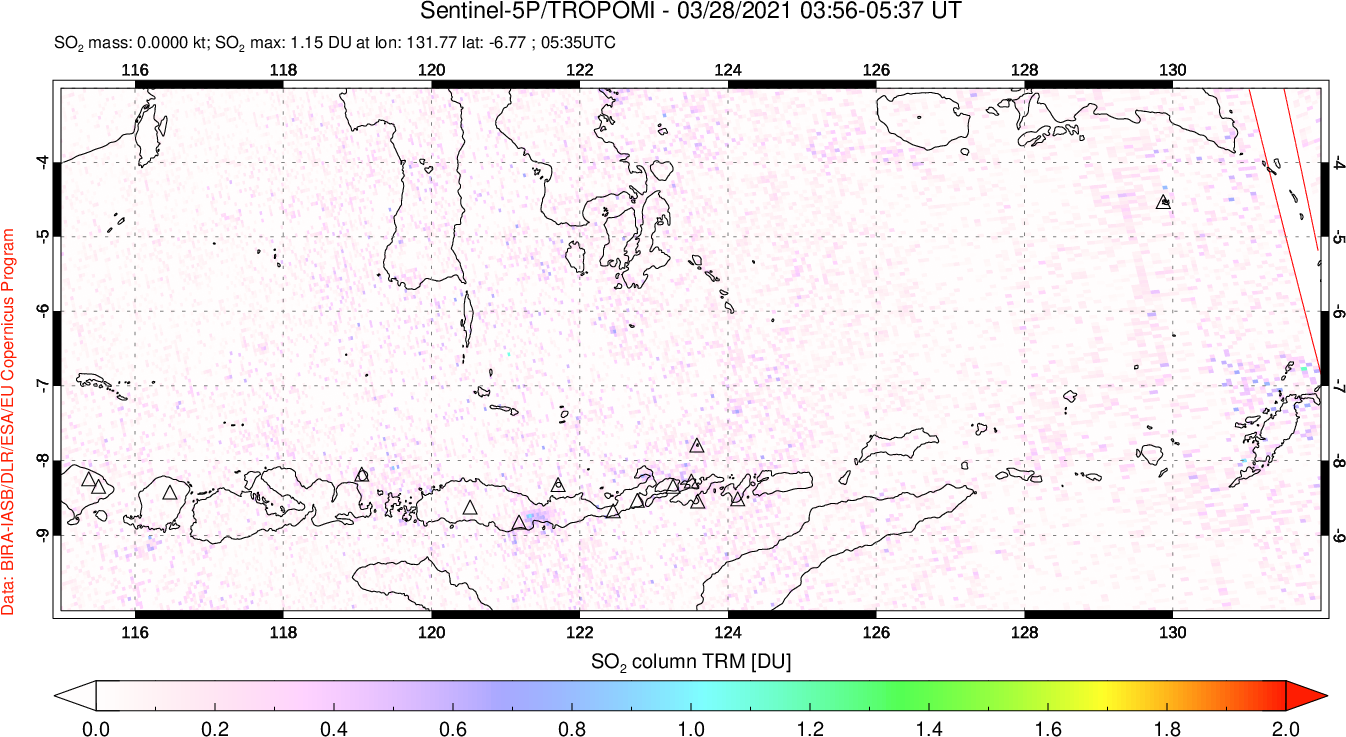 A sulfur dioxide image over Lesser Sunda Islands, Indonesia on Mar 28, 2021.