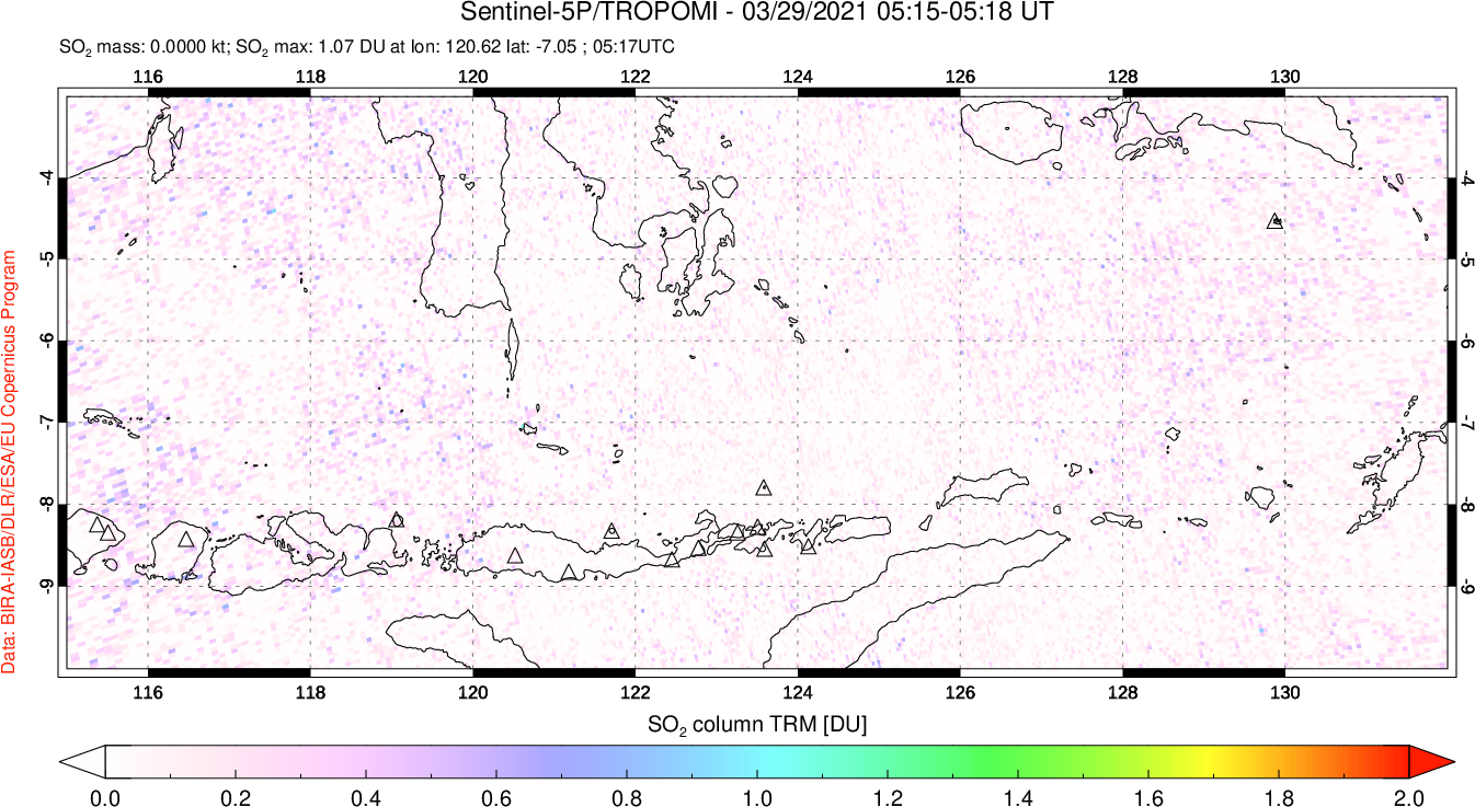 A sulfur dioxide image over Lesser Sunda Islands, Indonesia on Mar 29, 2021.