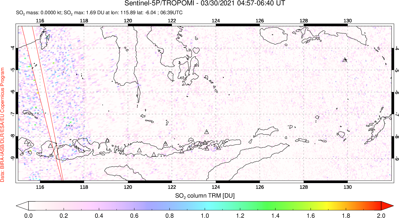 A sulfur dioxide image over Lesser Sunda Islands, Indonesia on Mar 30, 2021.