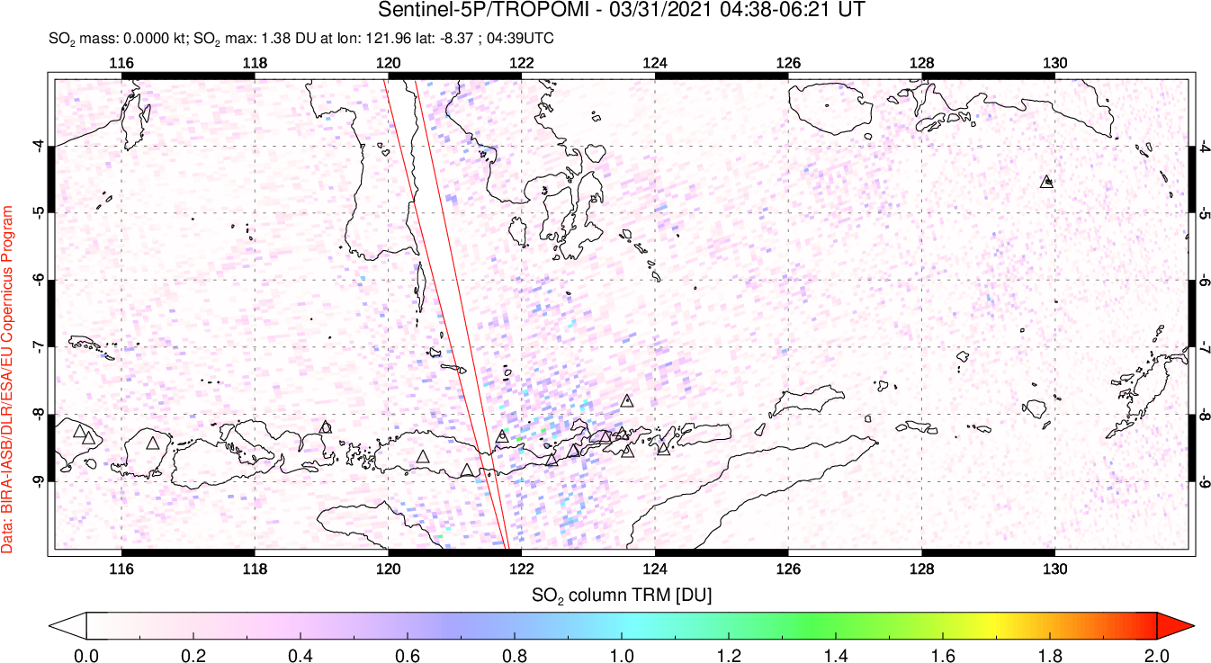 A sulfur dioxide image over Lesser Sunda Islands, Indonesia on Mar 31, 2021.