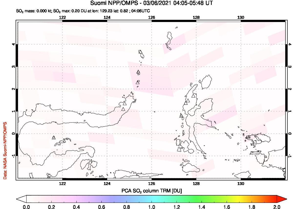 A sulfur dioxide image over Northern Sulawesi & Halmahera, Indonesia on Mar 06, 2021.