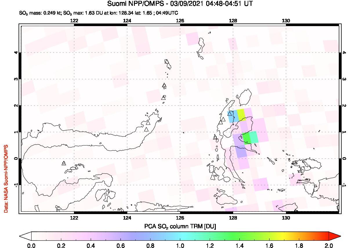 A sulfur dioxide image over Northern Sulawesi & Halmahera, Indonesia on Mar 09, 2021.