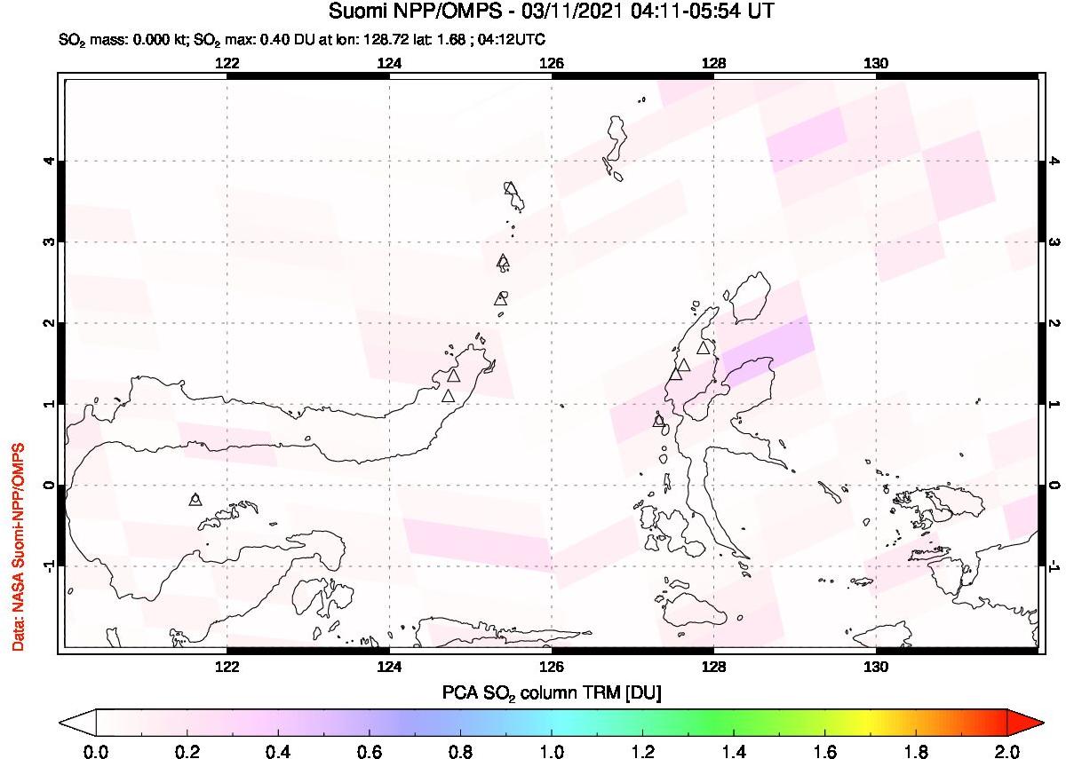 A sulfur dioxide image over Northern Sulawesi & Halmahera, Indonesia on Mar 11, 2021.