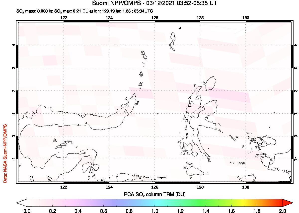A sulfur dioxide image over Northern Sulawesi & Halmahera, Indonesia on Mar 12, 2021.