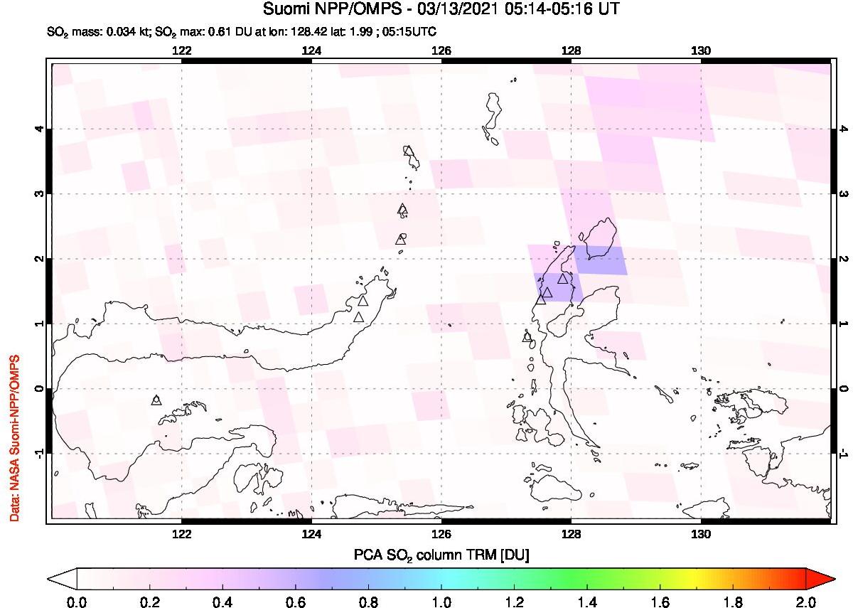 A sulfur dioxide image over Northern Sulawesi & Halmahera, Indonesia on Mar 13, 2021.