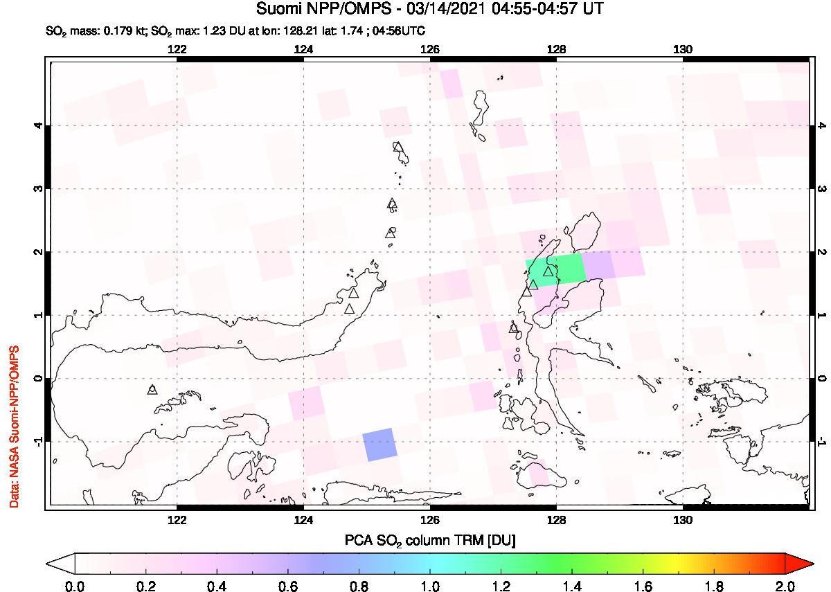 A sulfur dioxide image over Northern Sulawesi & Halmahera, Indonesia on Mar 14, 2021.