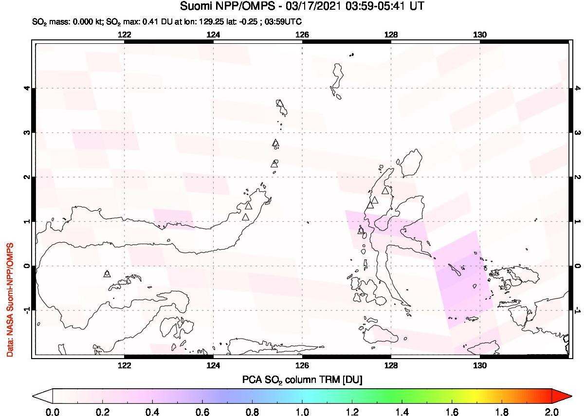 A sulfur dioxide image over Northern Sulawesi & Halmahera, Indonesia on Mar 17, 2021.