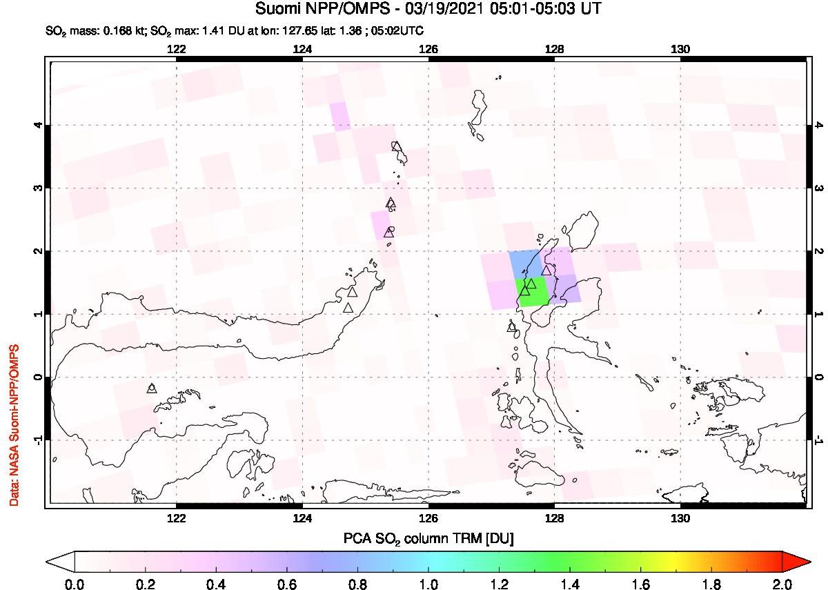 A sulfur dioxide image over Northern Sulawesi & Halmahera, Indonesia on Mar 19, 2021.