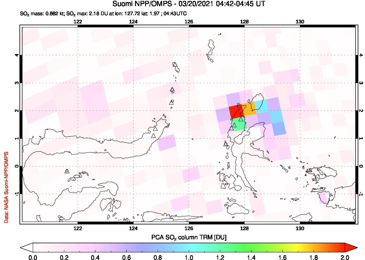 A sulfur dioxide image over Northern Sulawesi & Halmahera, Indonesia on Mar 20, 2021.