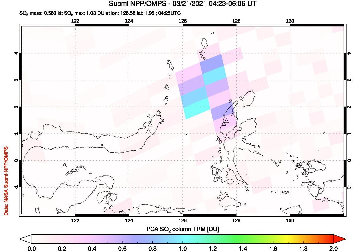 A sulfur dioxide image over Northern Sulawesi & Halmahera, Indonesia on Mar 21, 2021.