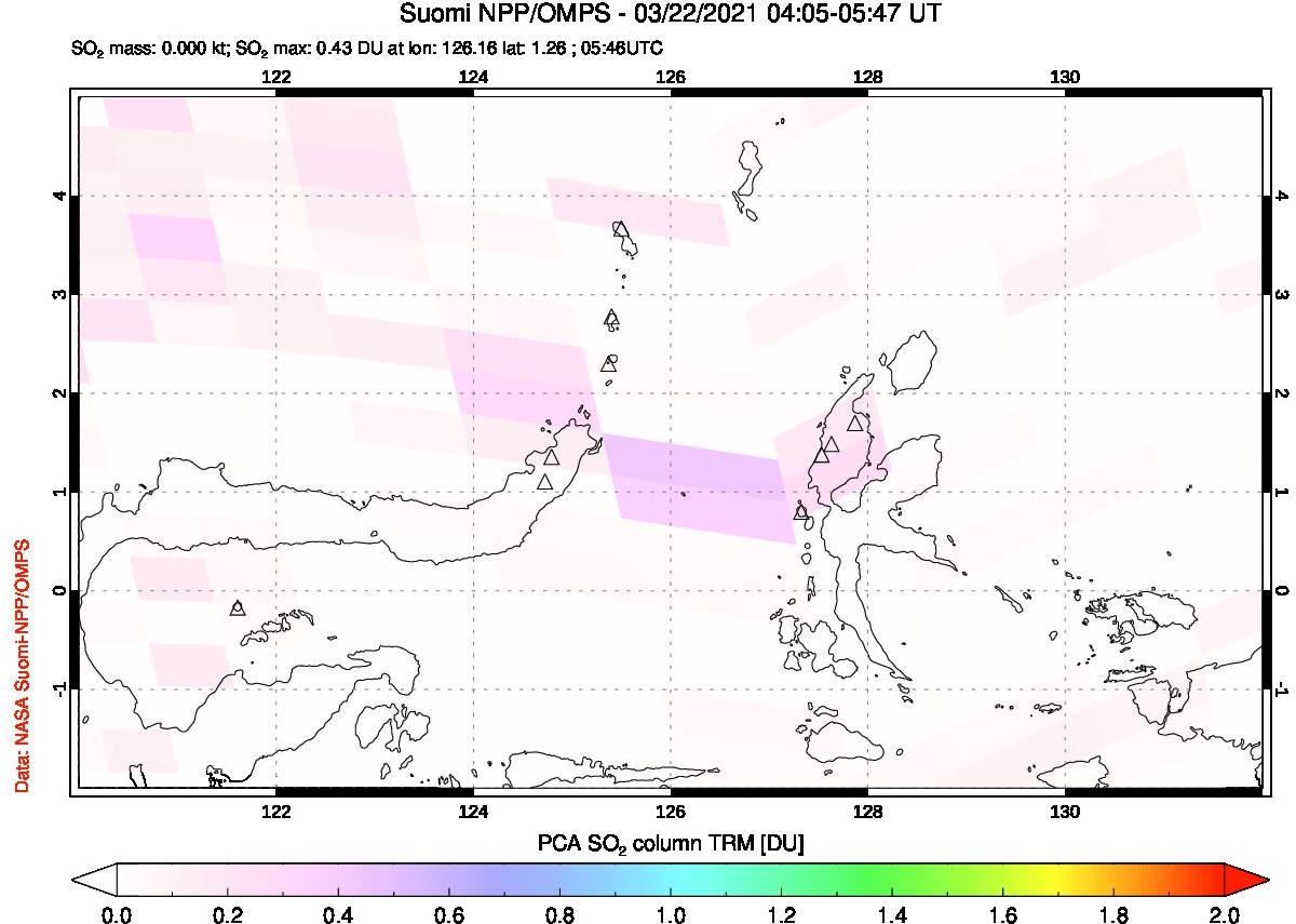 A sulfur dioxide image over Northern Sulawesi & Halmahera, Indonesia on Mar 22, 2021.