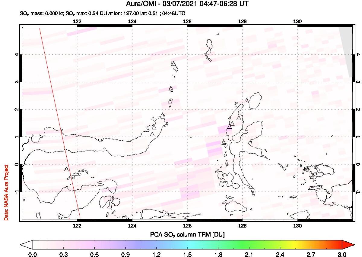 A sulfur dioxide image over Northern Sulawesi & Halmahera, Indonesia on Mar 07, 2021.