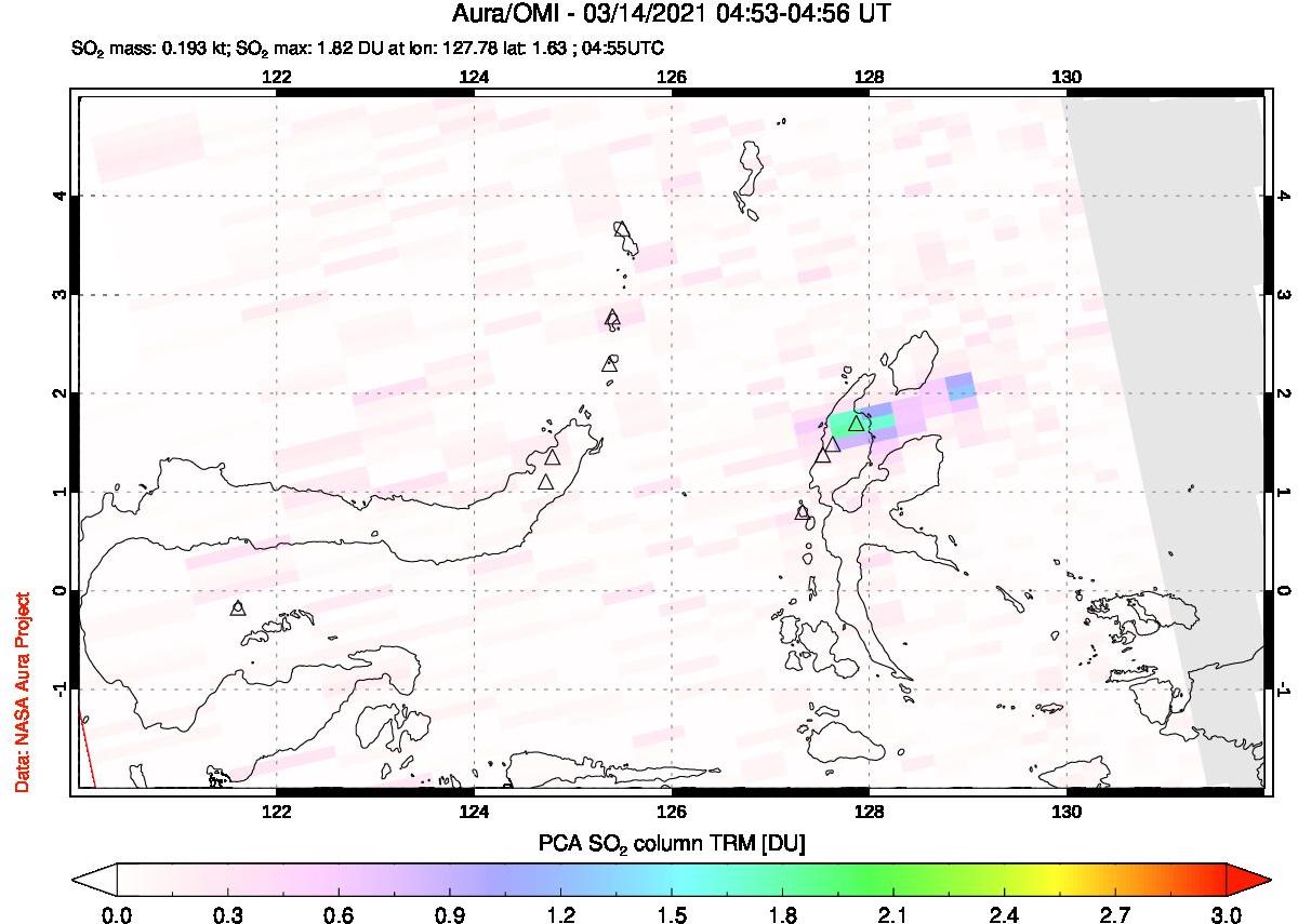 A sulfur dioxide image over Northern Sulawesi & Halmahera, Indonesia on Mar 14, 2021.