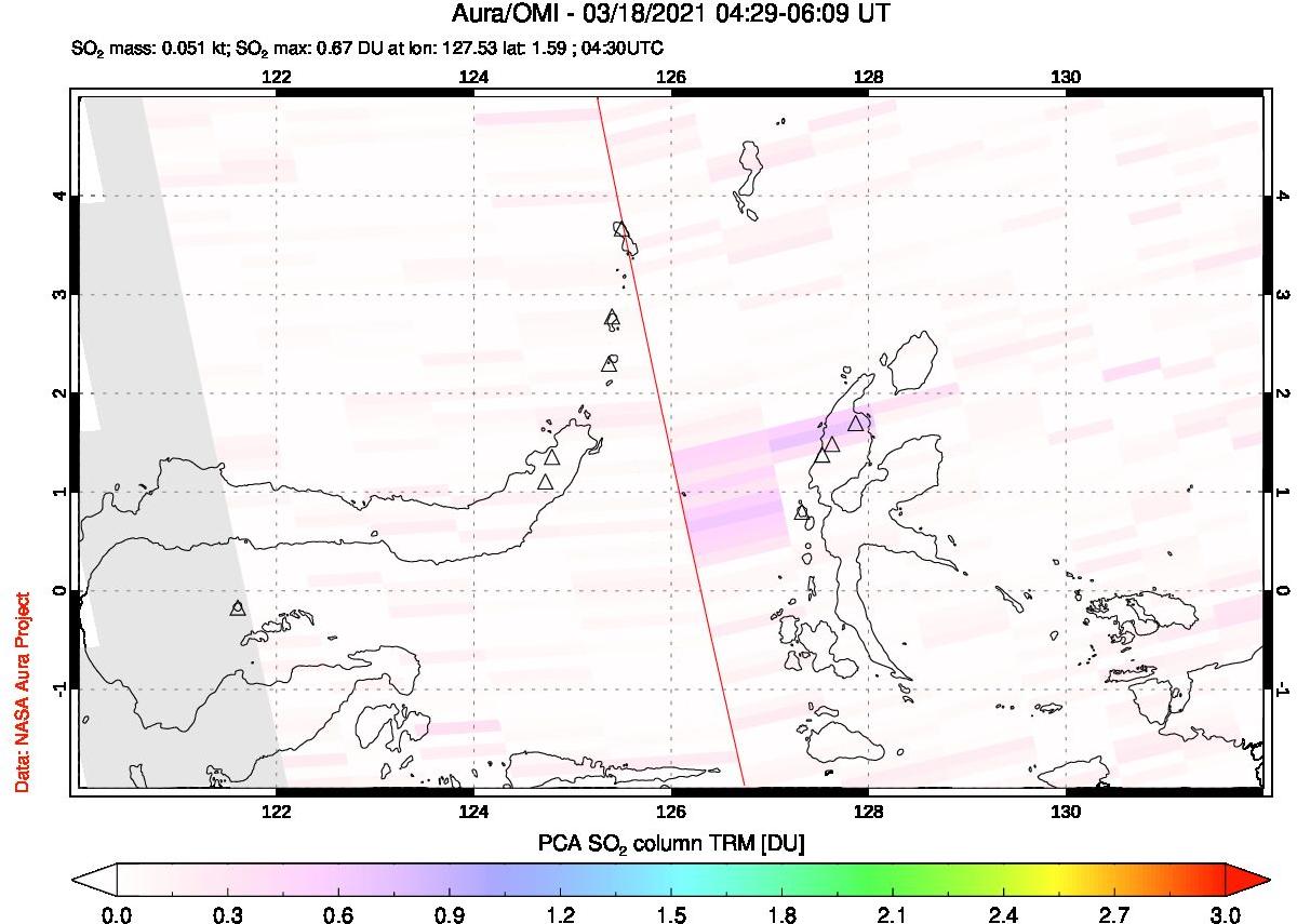 A sulfur dioxide image over Northern Sulawesi & Halmahera, Indonesia on Mar 18, 2021.