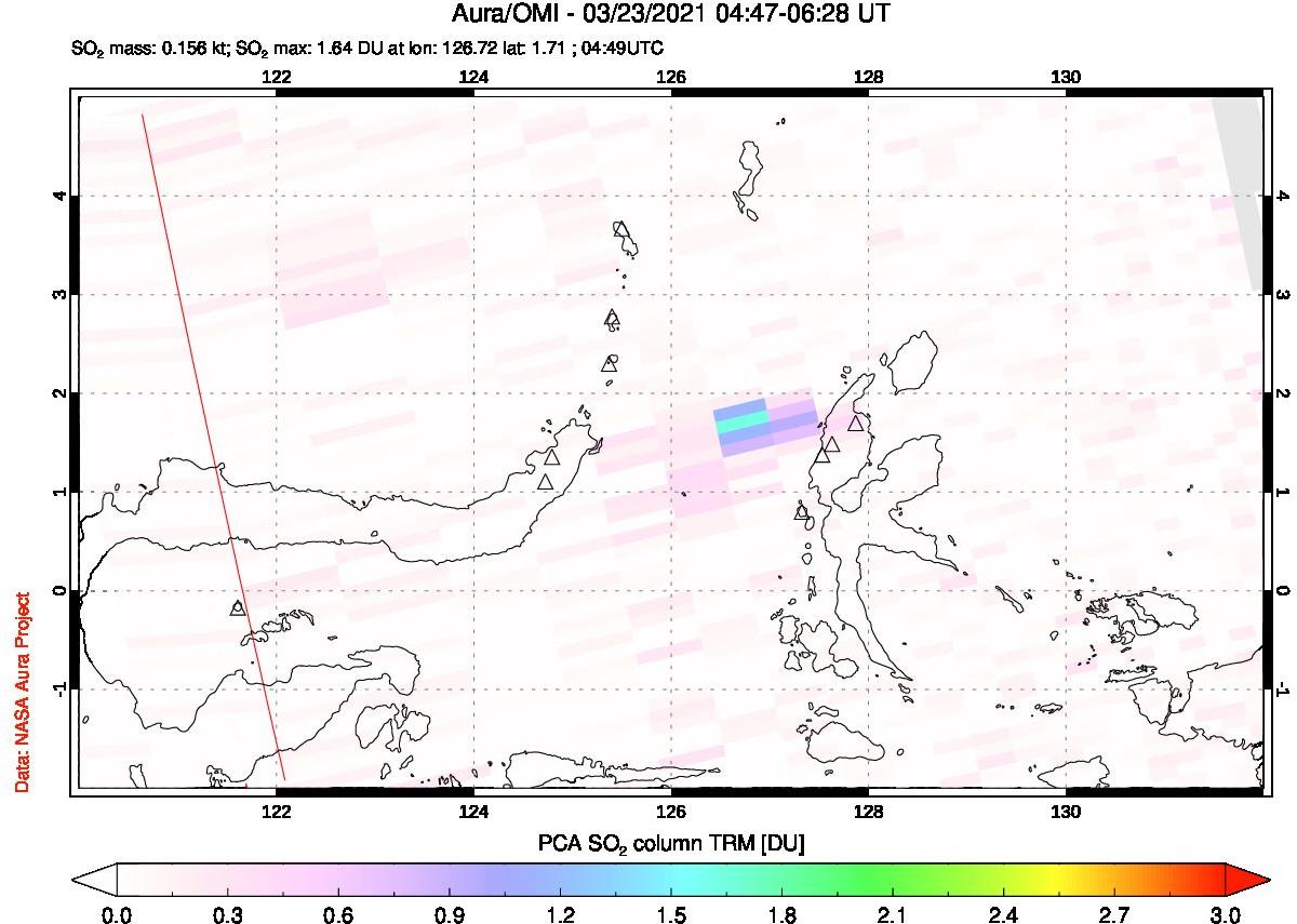 A sulfur dioxide image over Northern Sulawesi & Halmahera, Indonesia on Mar 23, 2021.