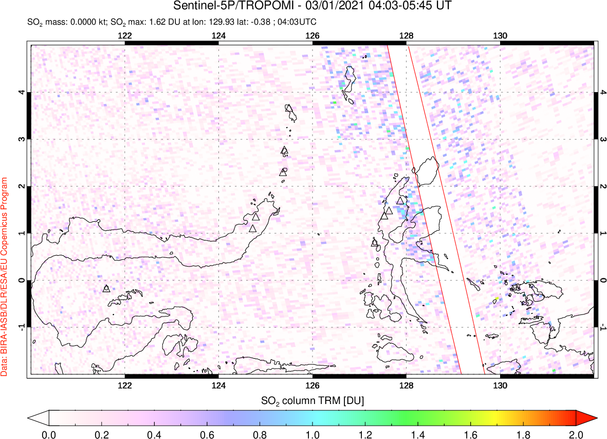 A sulfur dioxide image over Northern Sulawesi & Halmahera, Indonesia on Mar 01, 2021.