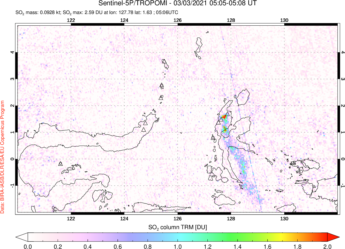 A sulfur dioxide image over Northern Sulawesi & Halmahera, Indonesia on Mar 03, 2021.