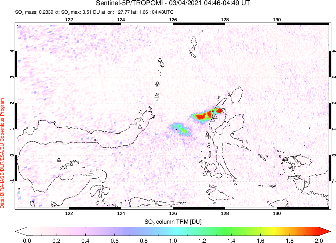 A sulfur dioxide image over Northern Sulawesi & Halmahera, Indonesia on Mar 04, 2021.