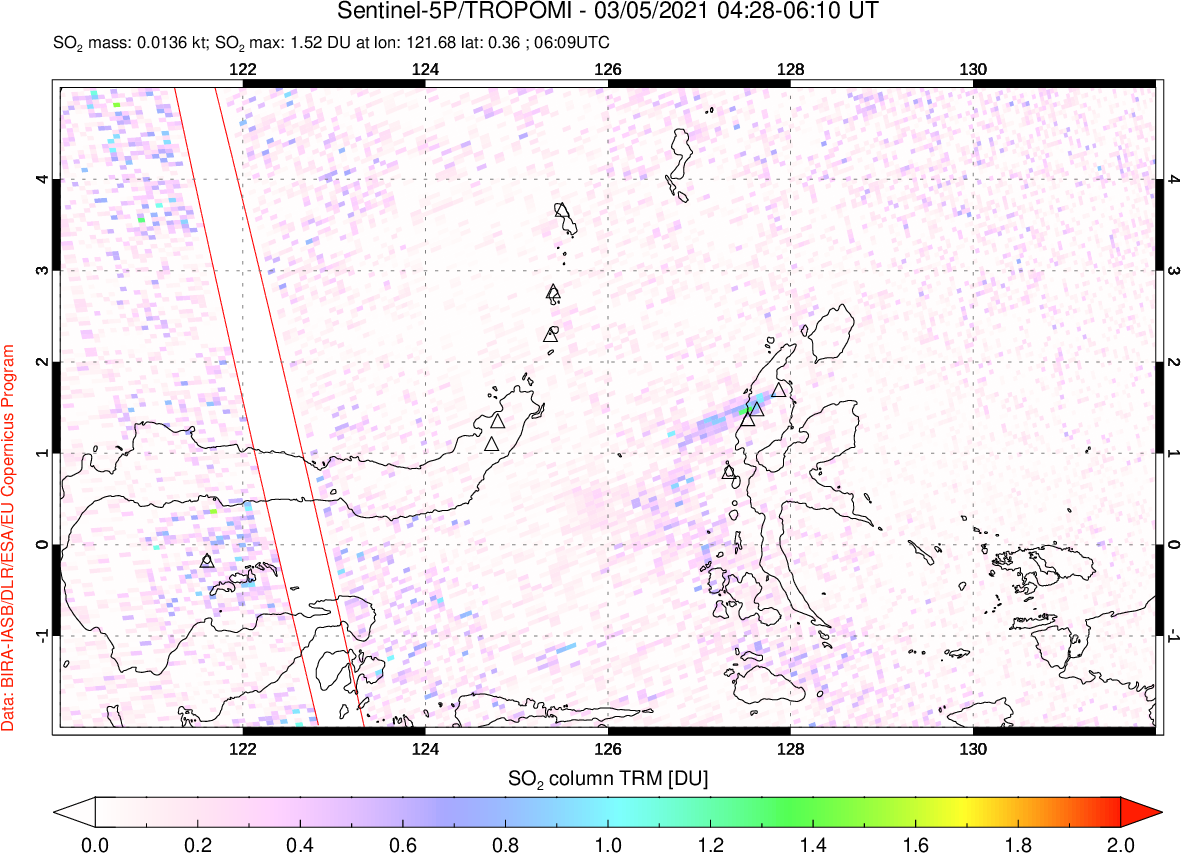 A sulfur dioxide image over Northern Sulawesi & Halmahera, Indonesia on Mar 05, 2021.