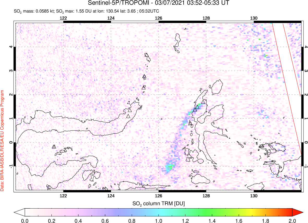 A sulfur dioxide image over Northern Sulawesi & Halmahera, Indonesia on Mar 07, 2021.