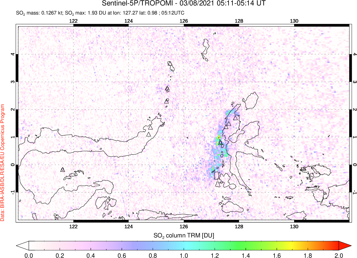 A sulfur dioxide image over Northern Sulawesi & Halmahera, Indonesia on Mar 08, 2021.