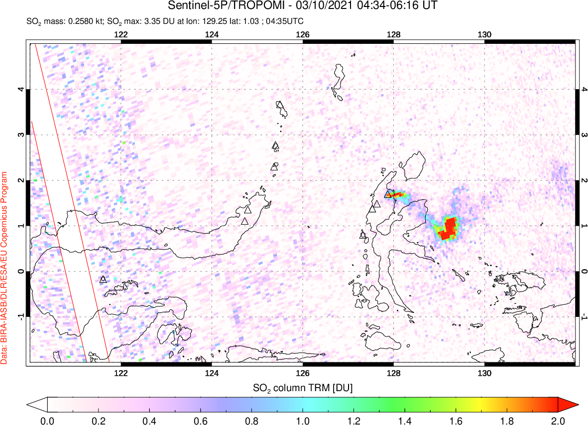 A sulfur dioxide image over Northern Sulawesi & Halmahera, Indonesia on Mar 10, 2021.
