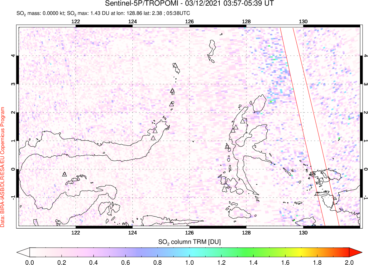 A sulfur dioxide image over Northern Sulawesi & Halmahera, Indonesia on Mar 12, 2021.