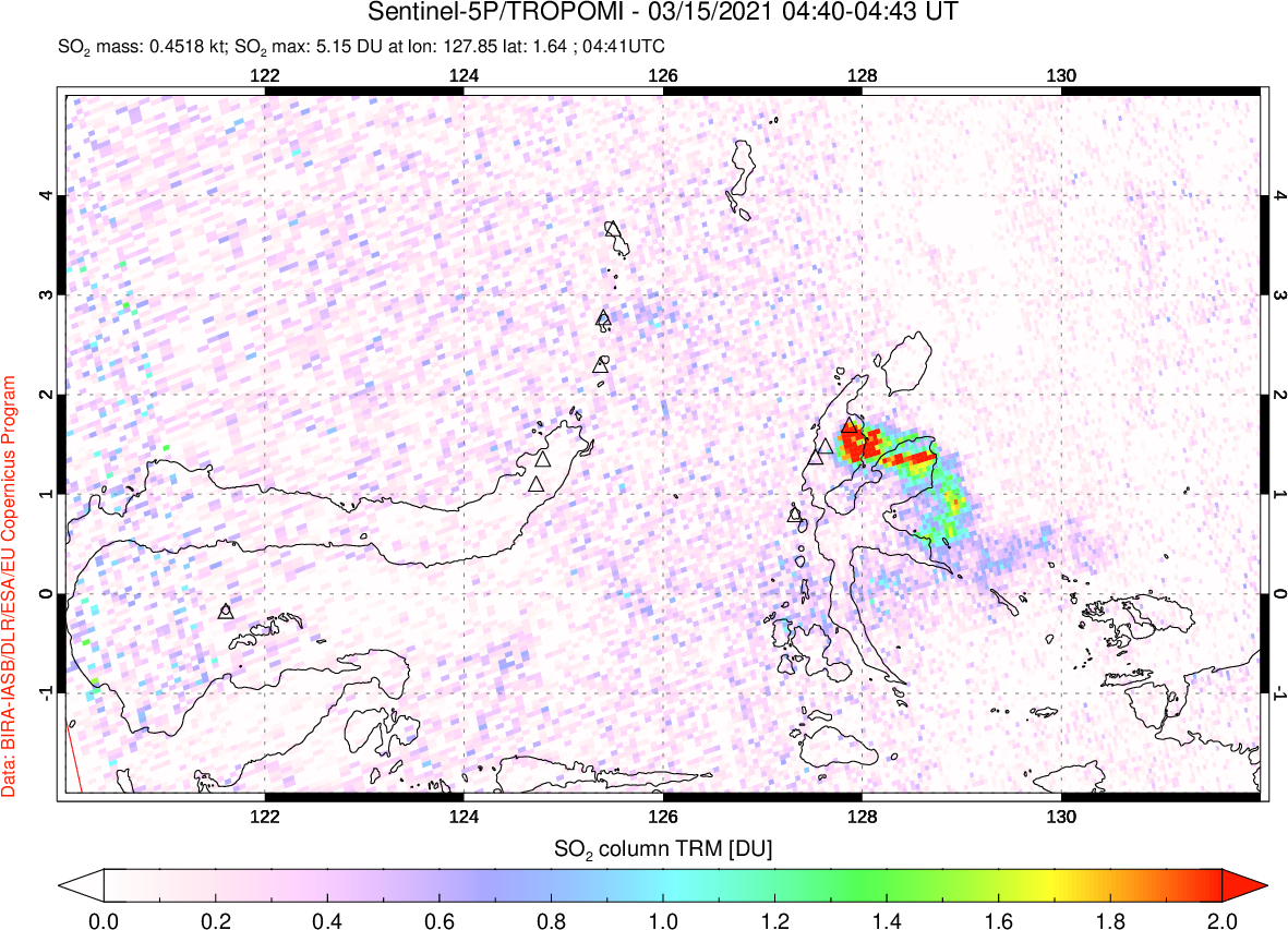 A sulfur dioxide image over Northern Sulawesi & Halmahera, Indonesia on Mar 15, 2021.