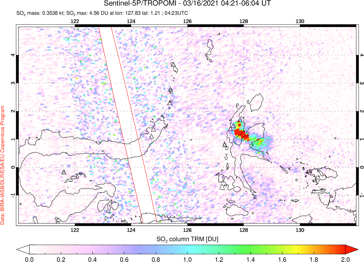 A sulfur dioxide image over Northern Sulawesi & Halmahera, Indonesia on Mar 16, 2021.