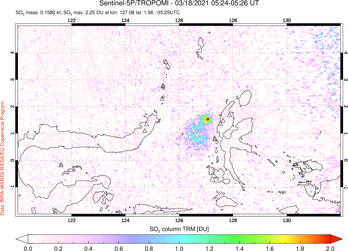 A sulfur dioxide image over Northern Sulawesi & Halmahera, Indonesia on Mar 18, 2021.