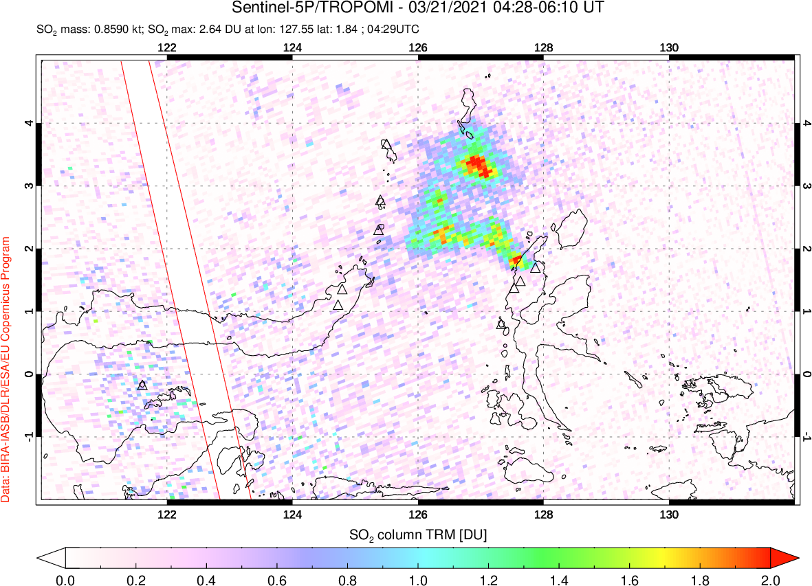 A sulfur dioxide image over Northern Sulawesi & Halmahera, Indonesia on Mar 21, 2021.