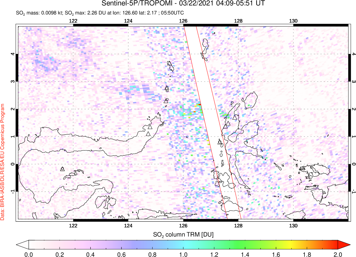 A sulfur dioxide image over Northern Sulawesi & Halmahera, Indonesia on Mar 22, 2021.