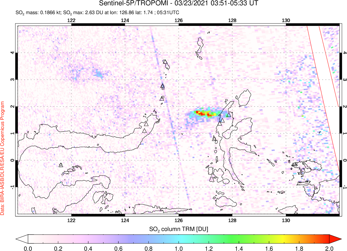 A sulfur dioxide image over Northern Sulawesi & Halmahera, Indonesia on Mar 23, 2021.