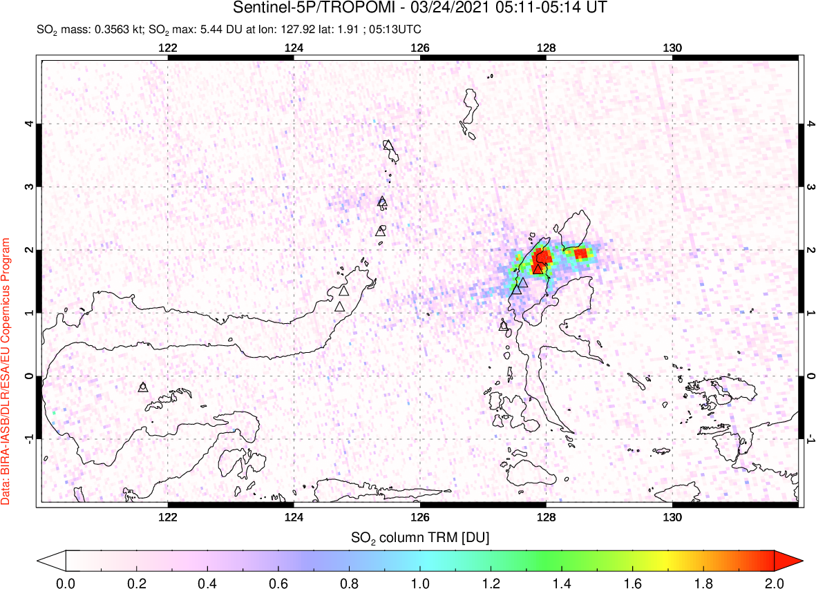 A sulfur dioxide image over Northern Sulawesi & Halmahera, Indonesia on Mar 24, 2021.