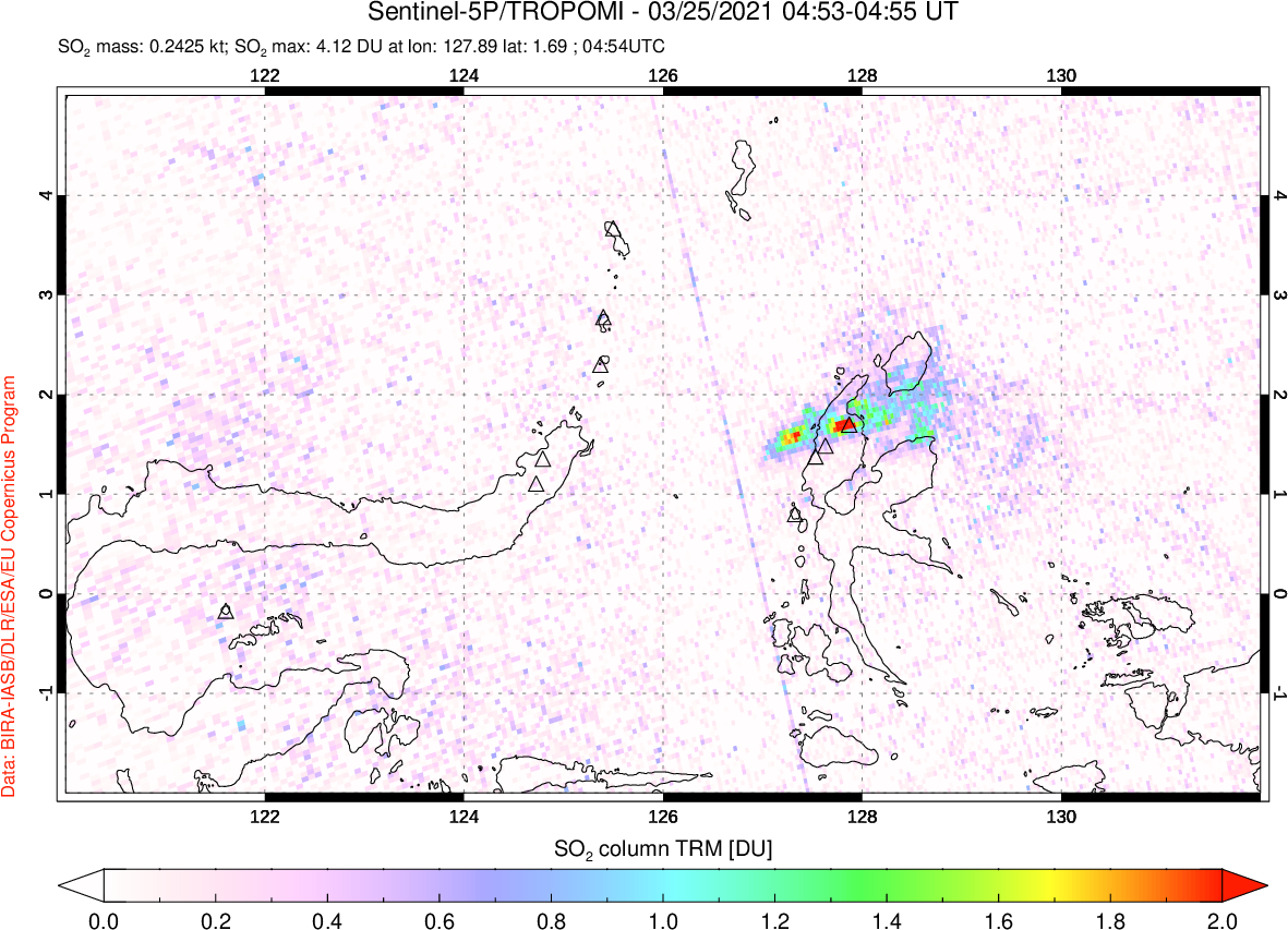 A sulfur dioxide image over Northern Sulawesi & Halmahera, Indonesia on Mar 25, 2021.