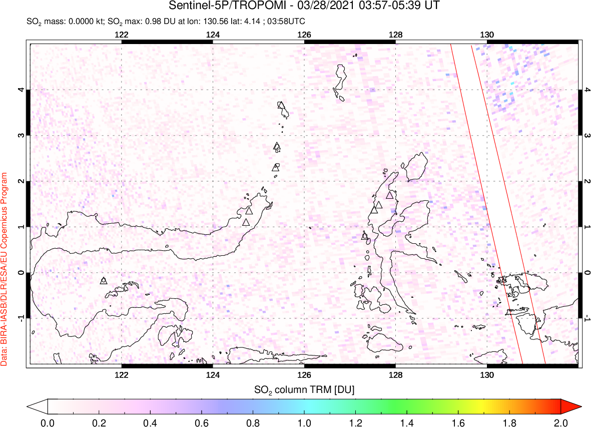 A sulfur dioxide image over Northern Sulawesi & Halmahera, Indonesia on Mar 28, 2021.