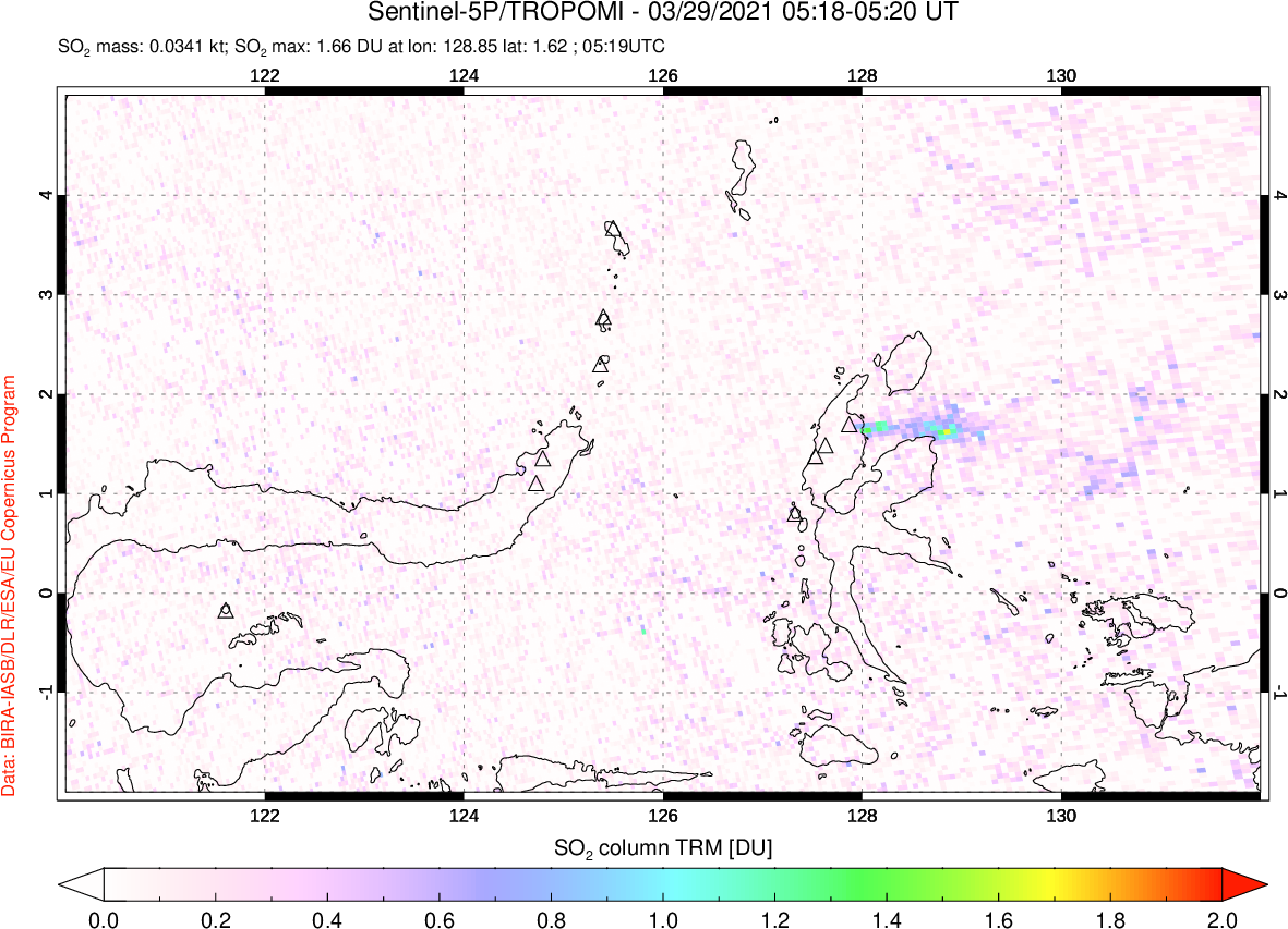A sulfur dioxide image over Northern Sulawesi & Halmahera, Indonesia on Mar 29, 2021.