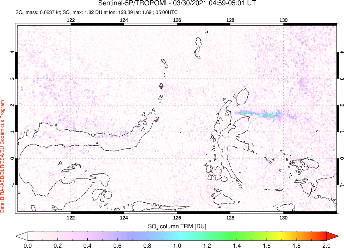 A sulfur dioxide image over Northern Sulawesi & Halmahera, Indonesia on Mar 30, 2021.