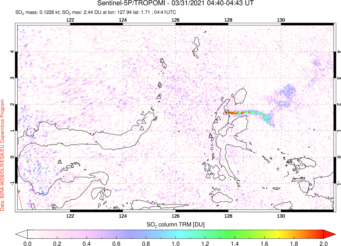 A sulfur dioxide image over Northern Sulawesi & Halmahera, Indonesia on Mar 31, 2021.