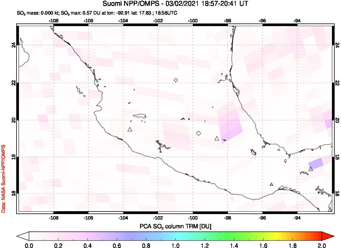 A sulfur dioxide image over Mexico on Mar 02, 2021.
