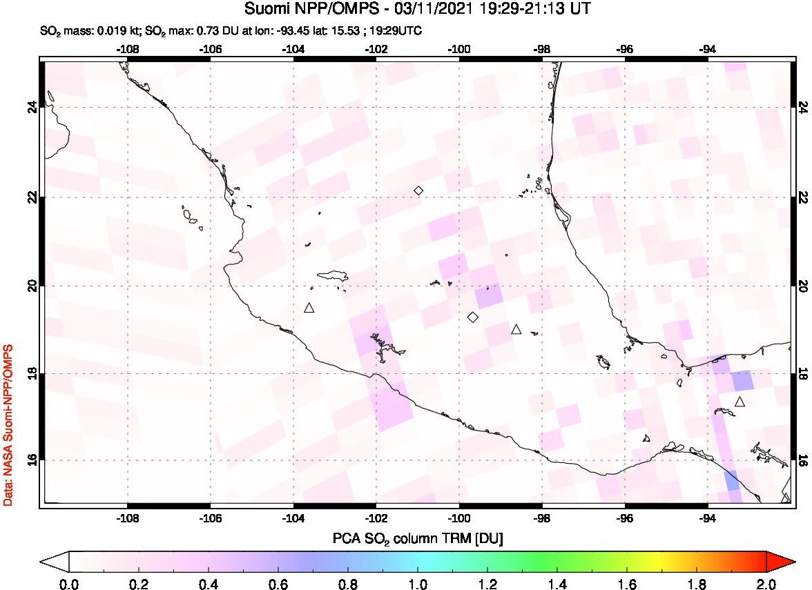 A sulfur dioxide image over Mexico on Mar 11, 2021.