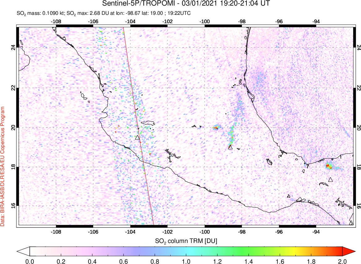 A sulfur dioxide image over Mexico on Mar 01, 2021.