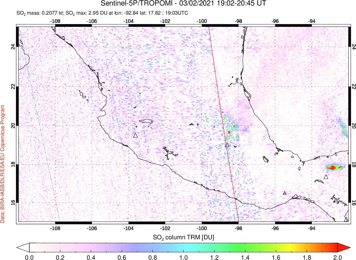 A sulfur dioxide image over Mexico on Mar 02, 2021.