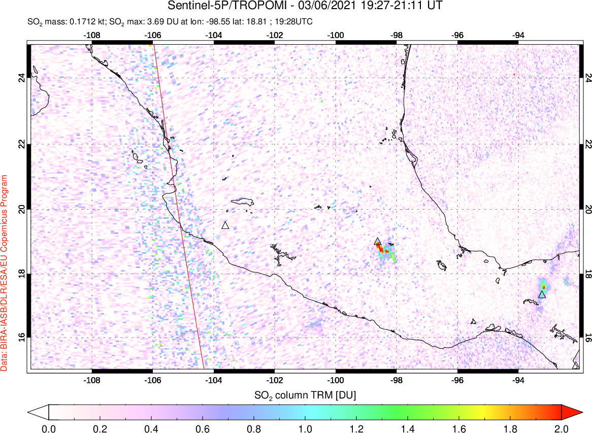 A sulfur dioxide image over Mexico on Mar 06, 2021.