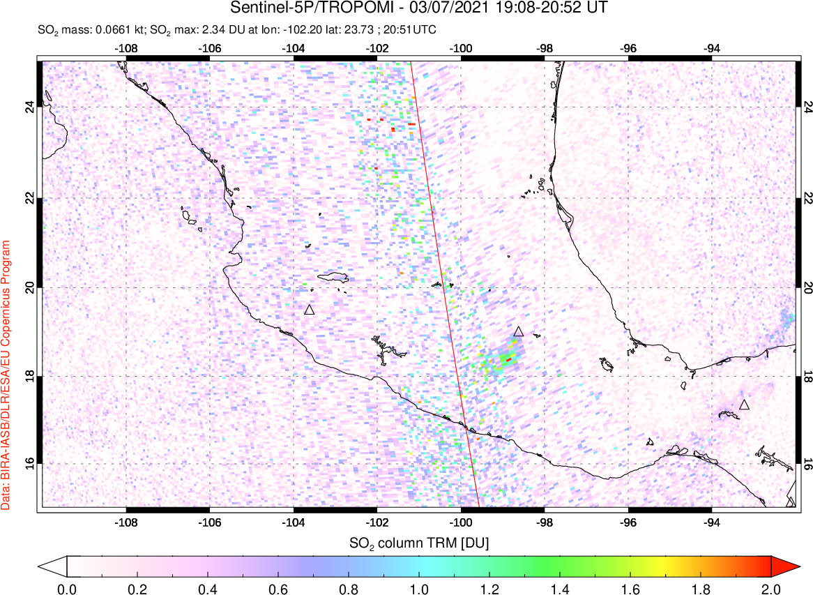 A sulfur dioxide image over Mexico on Mar 07, 2021.