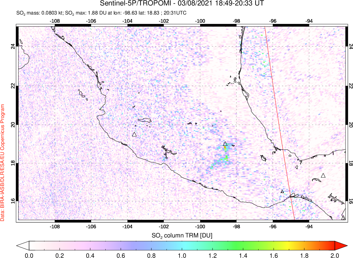 A sulfur dioxide image over Mexico on Mar 08, 2021.