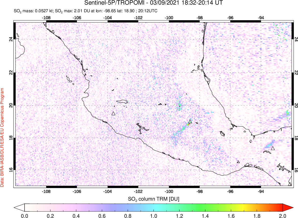 A sulfur dioxide image over Mexico on Mar 09, 2021.