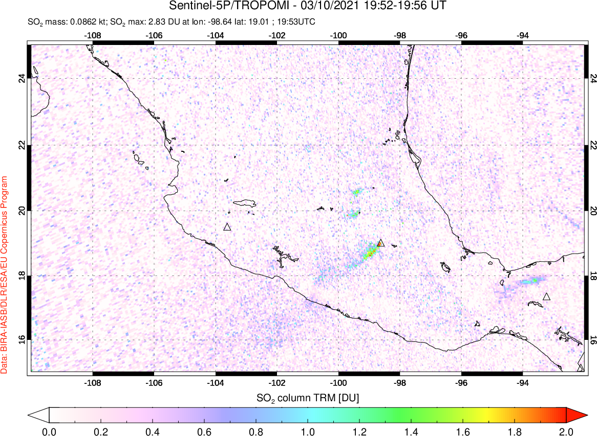 A sulfur dioxide image over Mexico on Mar 10, 2021.