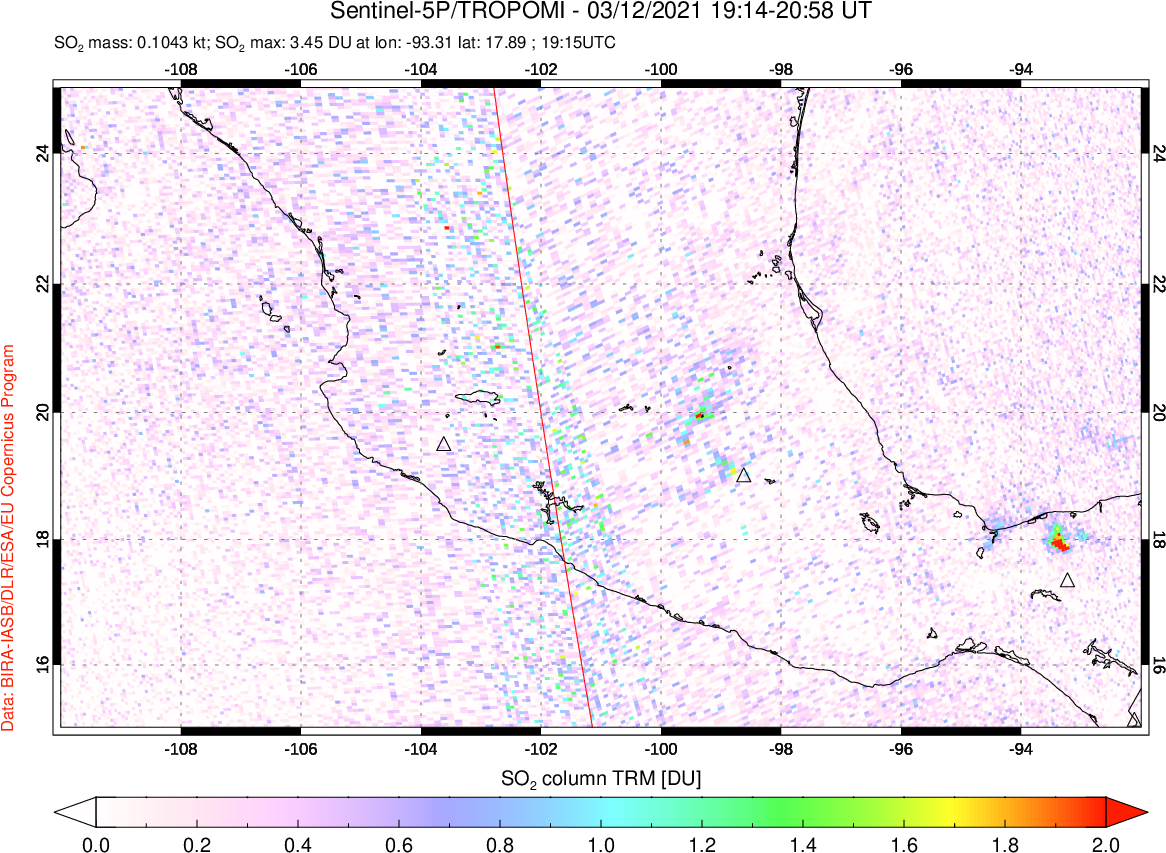 A sulfur dioxide image over Mexico on Mar 12, 2021.