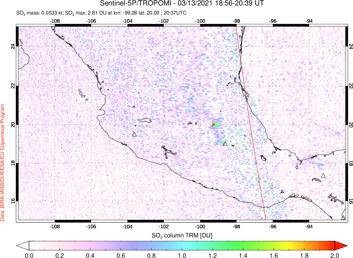 A sulfur dioxide image over Mexico on Mar 13, 2021.